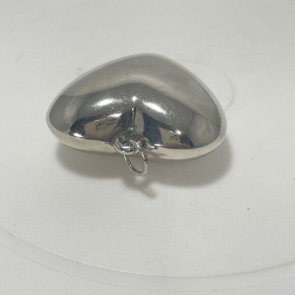 Silver Tone Puffy Heart Pendant Large Polished Estate Jewelry Charm - Picture 3 of 4